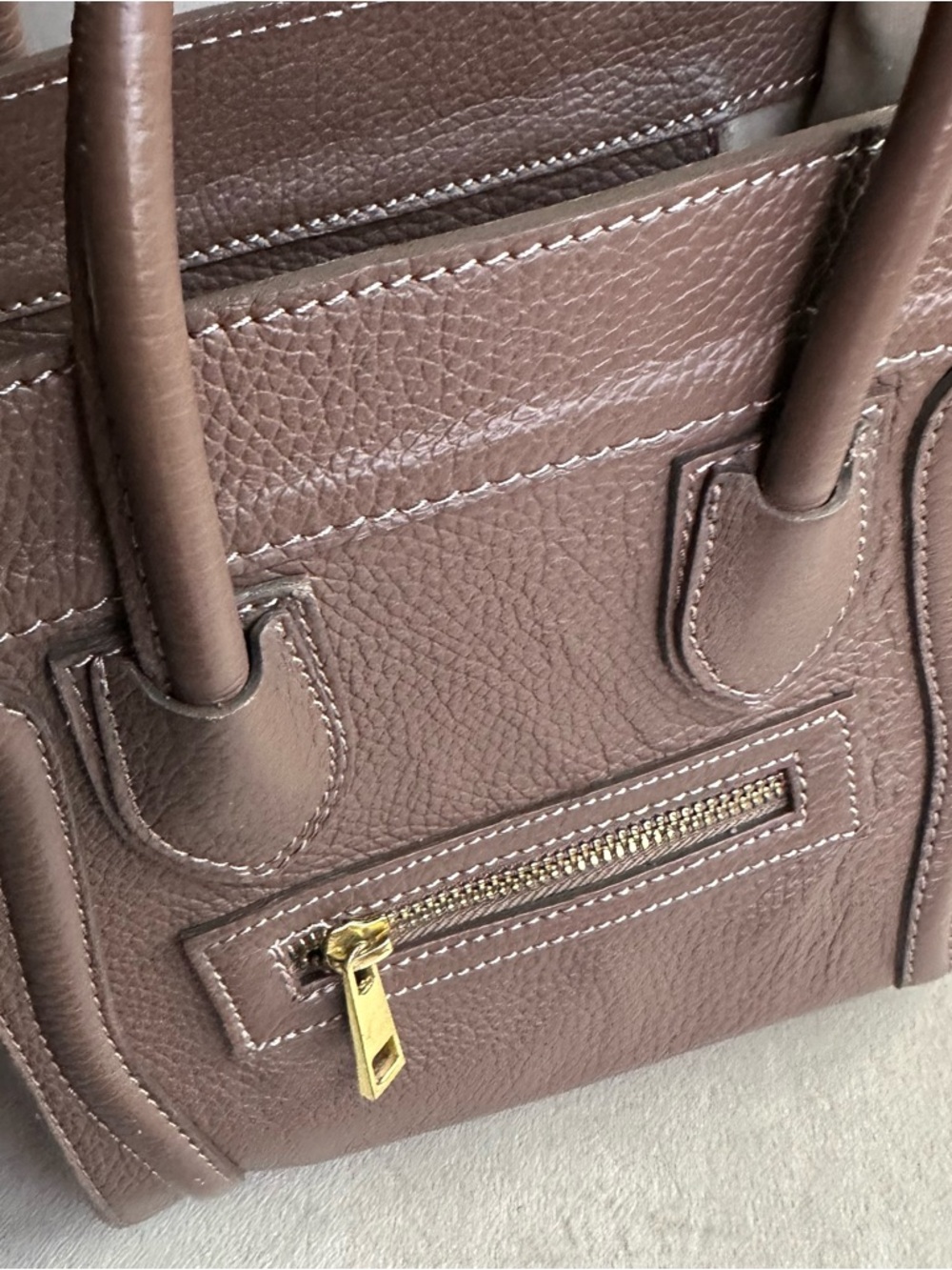 Genuine Leather Mini Satchel Taupe Brown | Crossbody Top Handle | Structured Bag - Picture 7 of 16